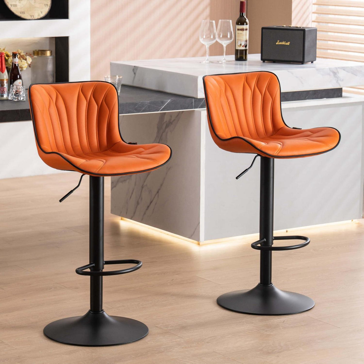 Drehbarer Barhocker Set, Höhenverstellbar, Orange in Lederoptik