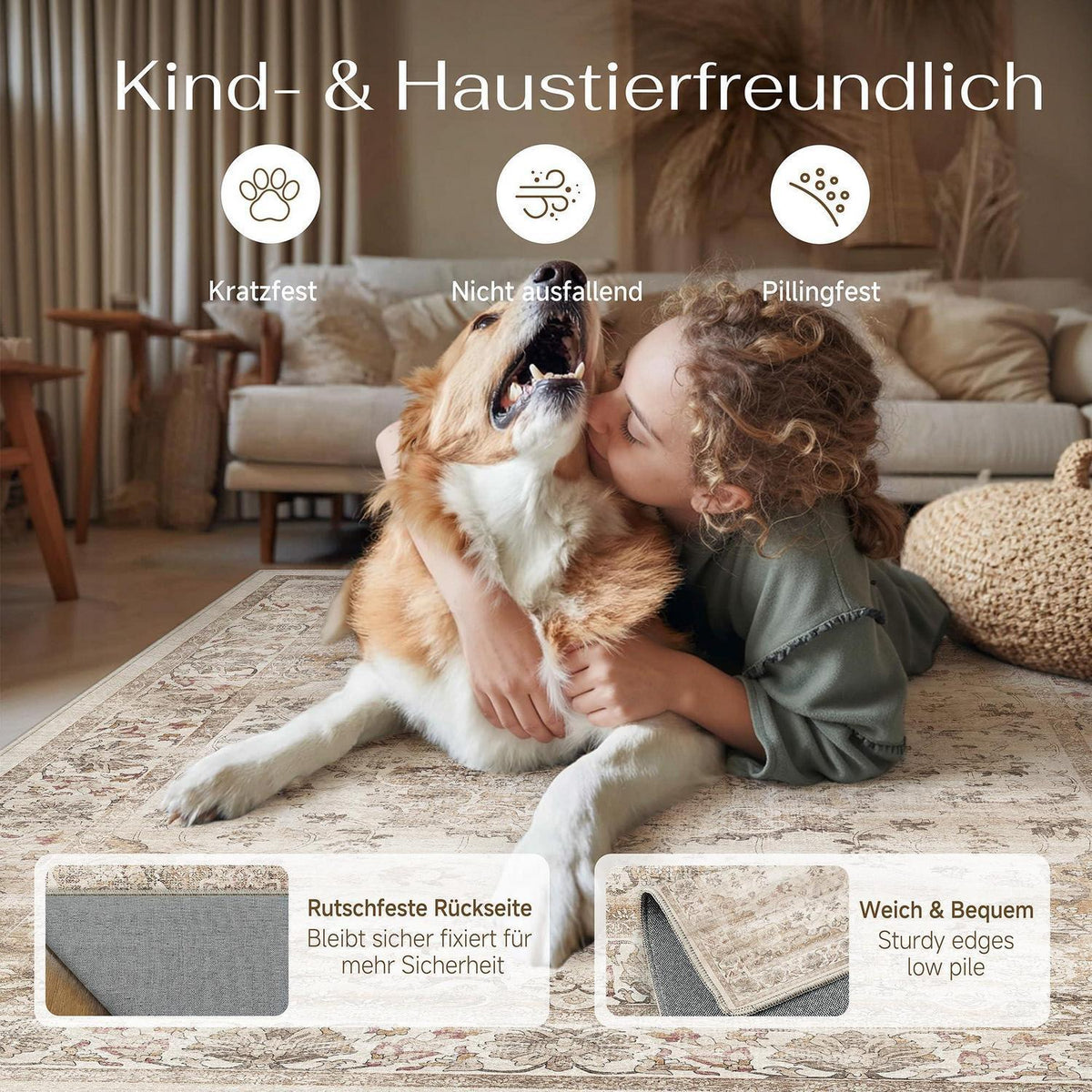 Waschbarer Vintage Teppich Beige 160x230cm – PureCozy