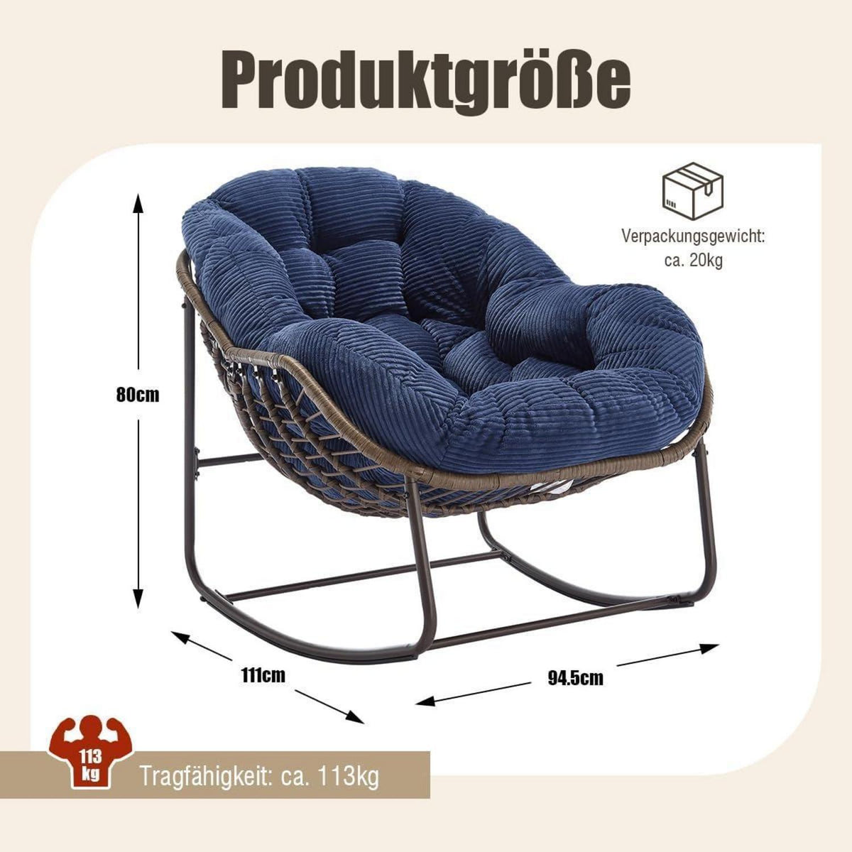 Rattan Schaukelstuhl Eiförmig Cord Blau Dunkelblau - Indoor Outdoor
