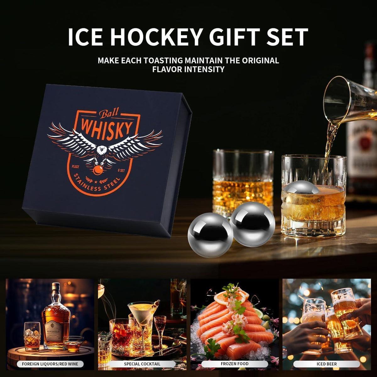Edelstahl Whiskey Eiskugeln Set – 4er Pack, Rostfrei & Spülmaschinenfest