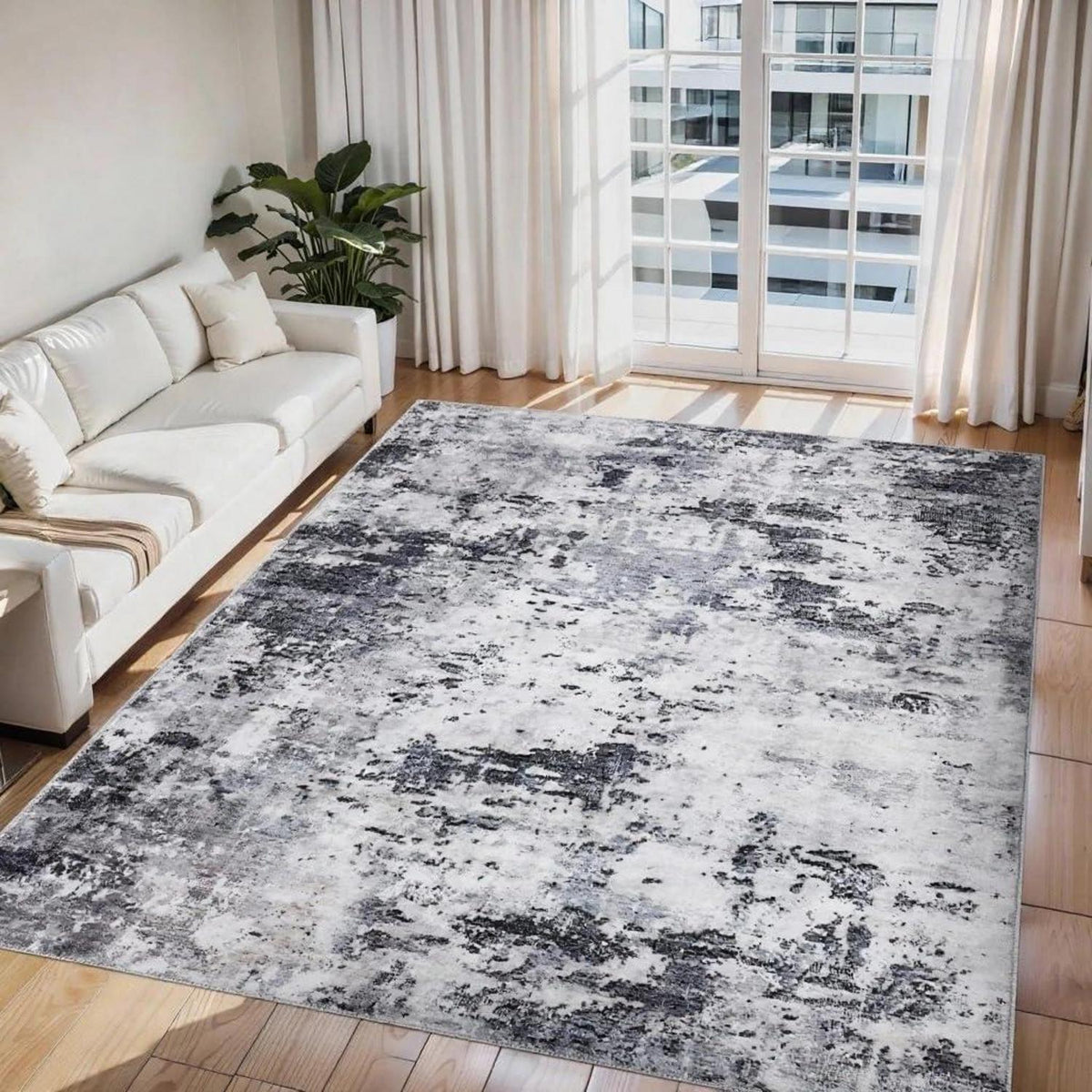 Abstrakter Teppich Grau Weiß 240x340cm – Waschbar & Rutschfest