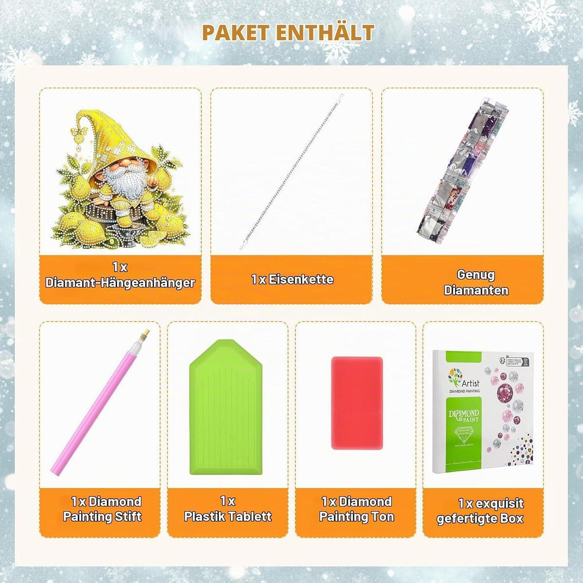 Diamant Painting Anhänger Zwerg mit Zitrone – Bastelset Geschenk