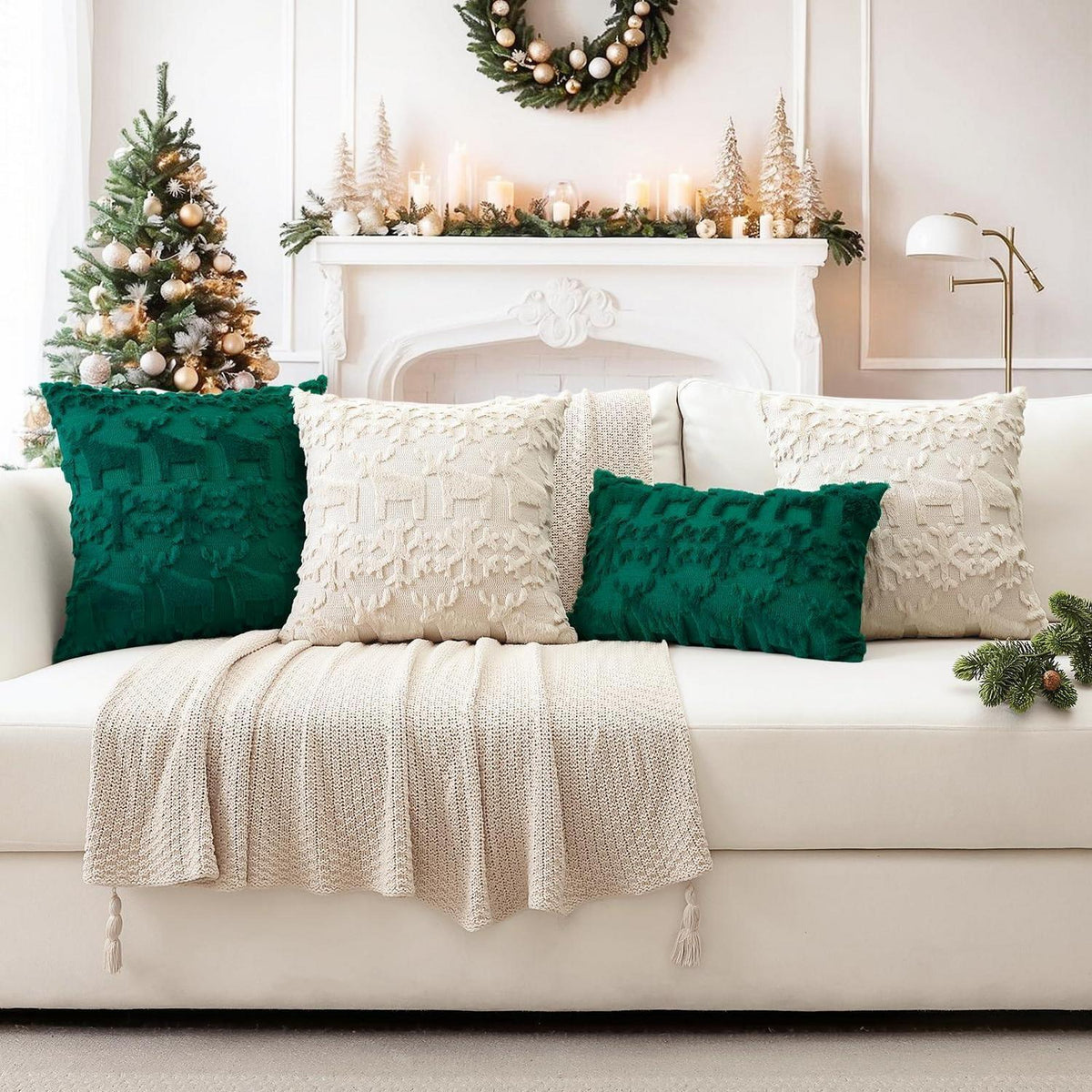 Weihnachtliche Kissenbezüge 50x50cm - 2er Set, Grün, Schneeflocken & Elch