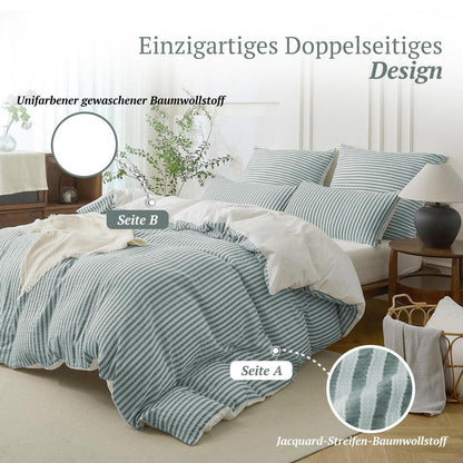 Bettwäsche-Set 135x200 Baumwolle Gestreift Dunkelgrün & Weiß 4tlg.