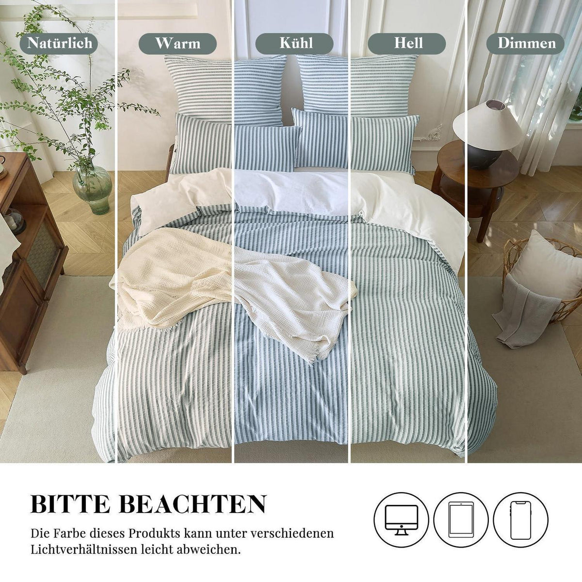 Bettwäsche-Set 135x200 Baumwolle Gestreift Dunkelgrün & Weiß 4tlg.