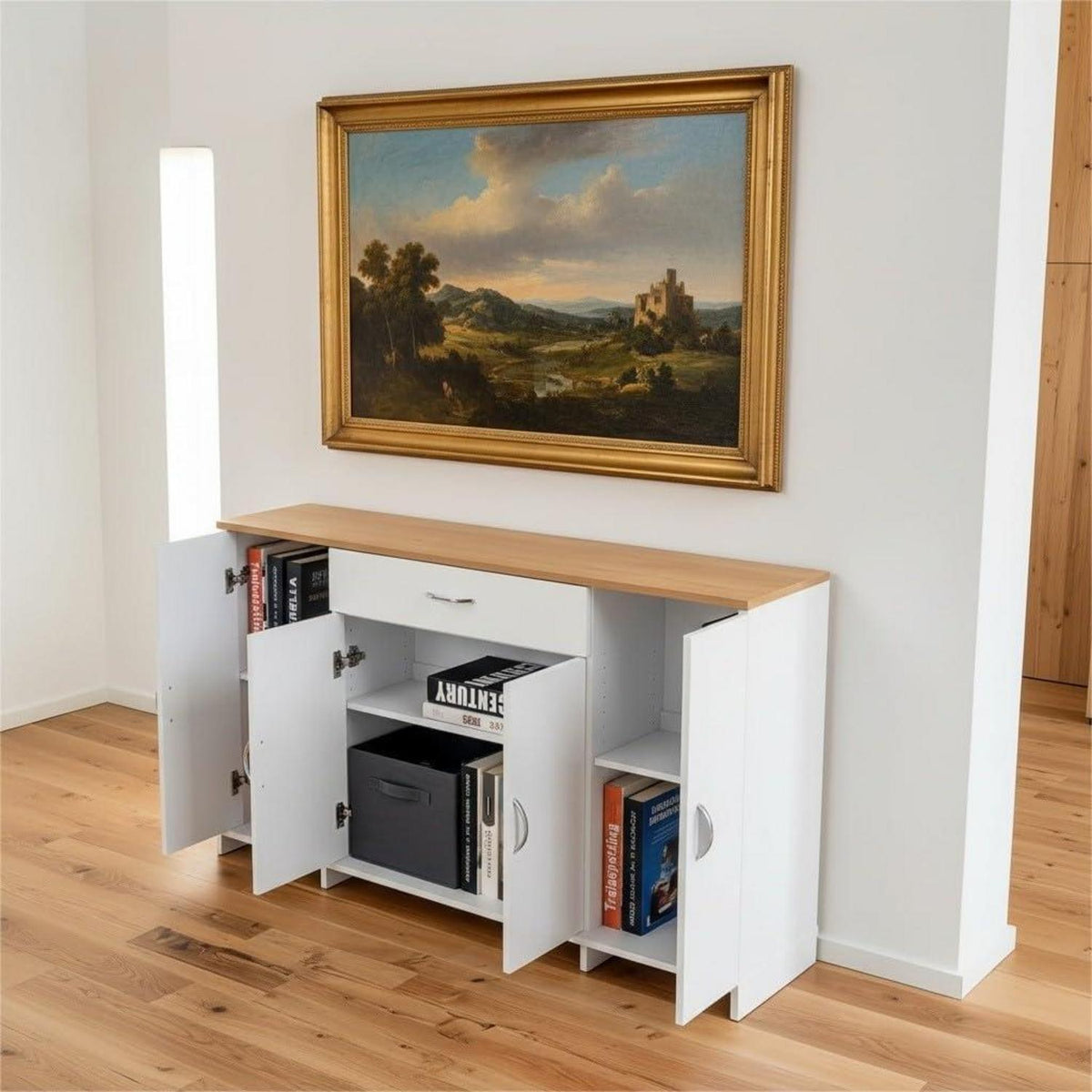 Weißes Sideboard Eiche Optik | 110cm Flurkommode mit Schublade