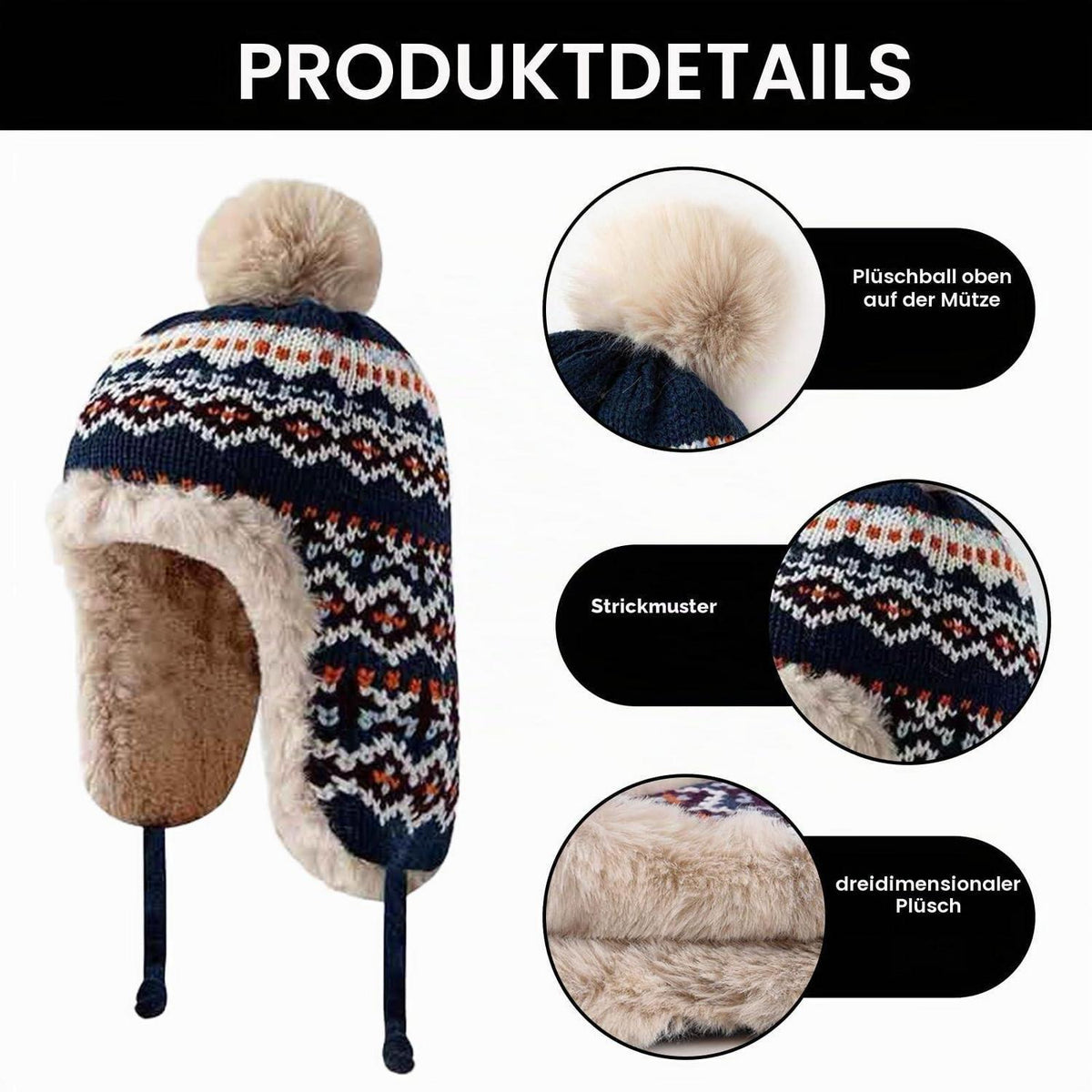 Trappermütze Damen Herren Warm Strickmütze mit Ohrenklappen