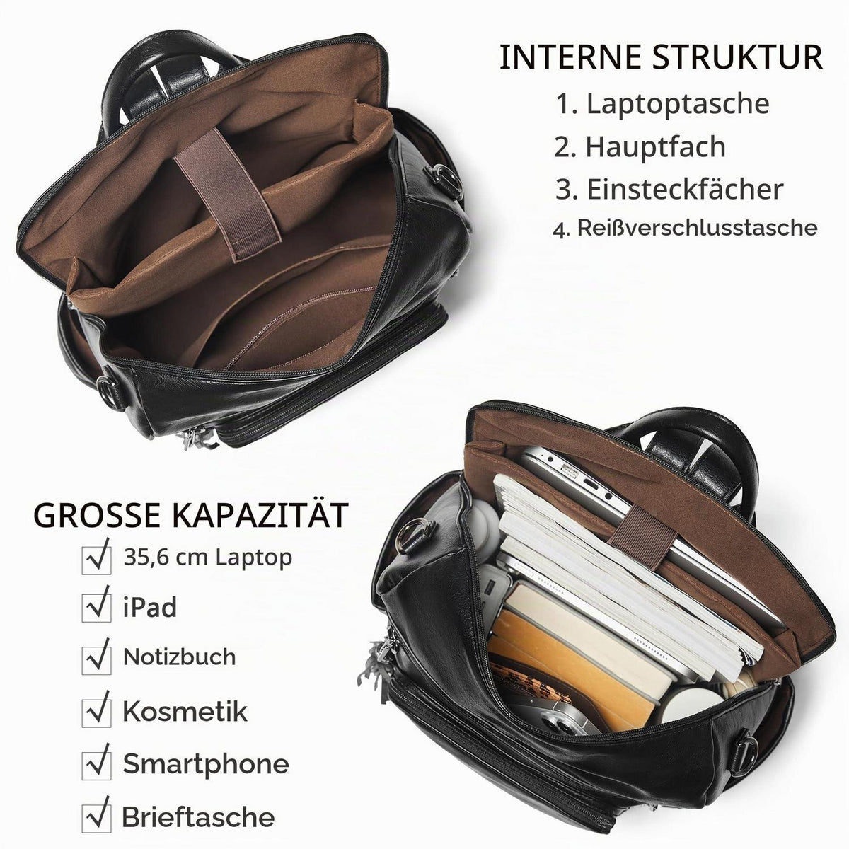 Rucksack Damen Laptopfach 15,6 Zoll Wasserdicht Business in Lederoptik