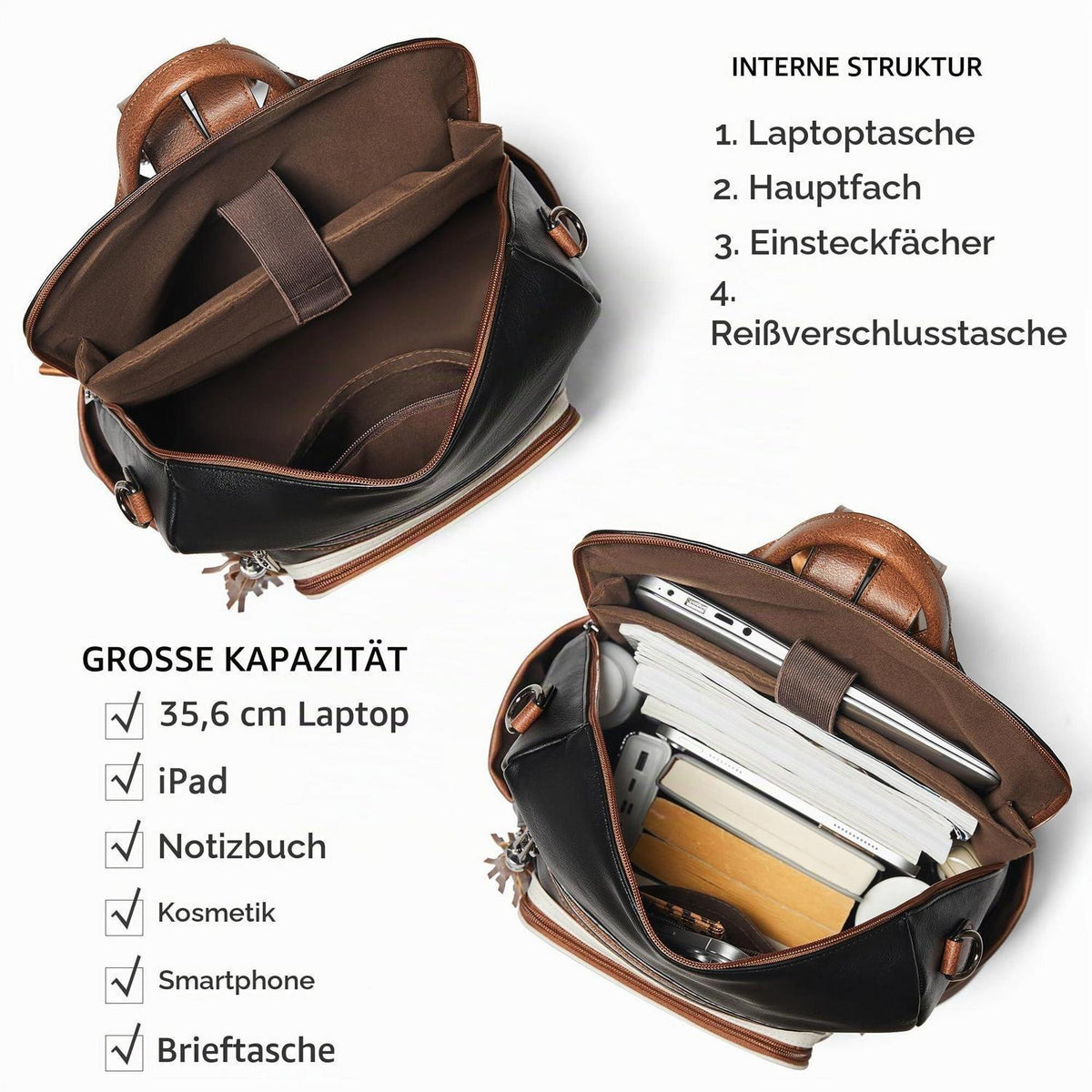 Rucksack Damen Laptopfach 15,6 Zoll Wasserdicht Business in Lederoptik