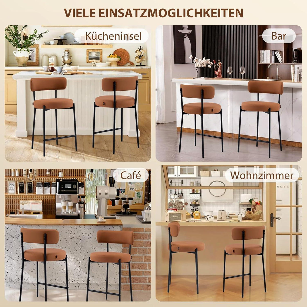 Barhocker Set 4er – Braun, 63,5cm Sitzhöhe in Lederoptik