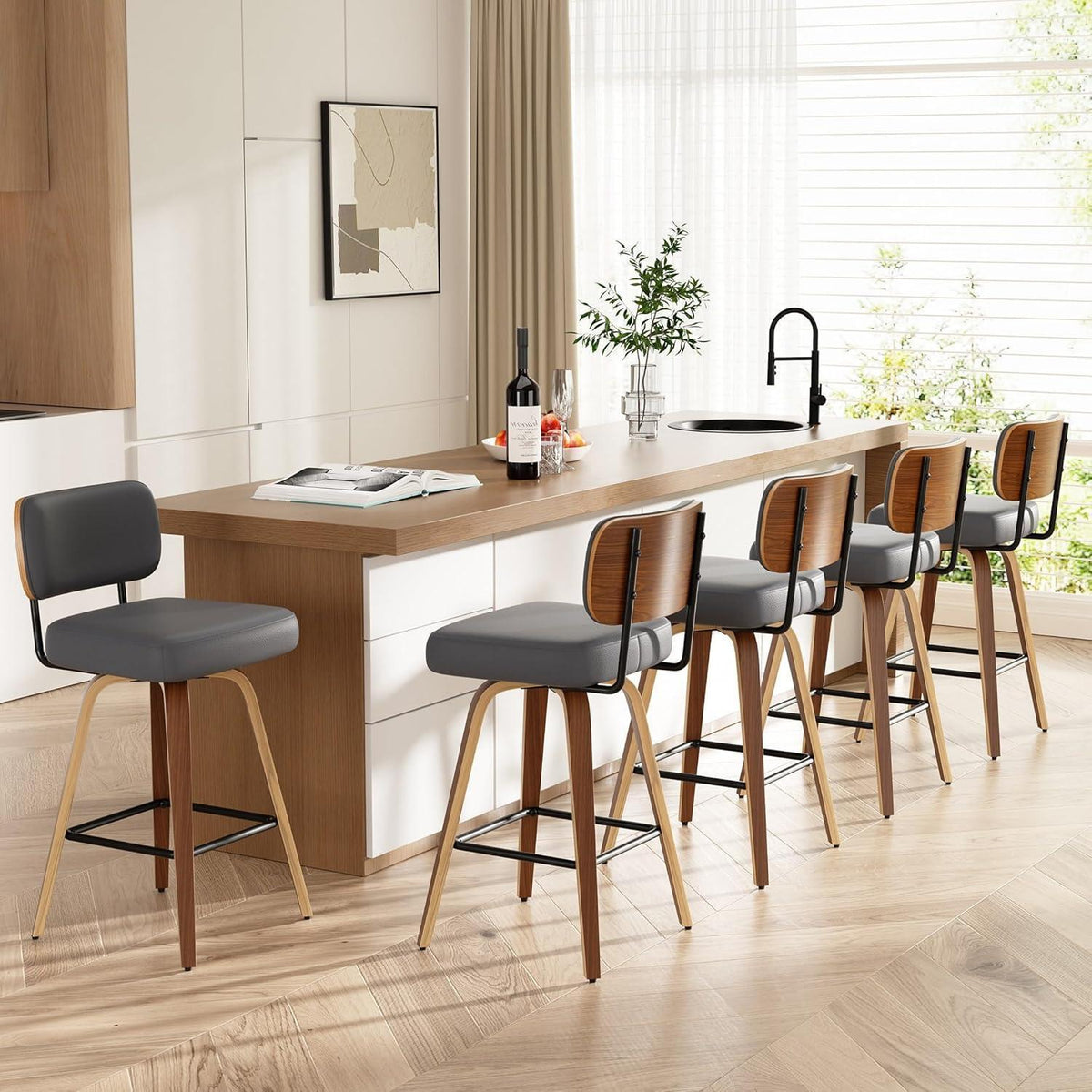 Drehbarer Barhocker 4er Set – Dunkelgrau, Mid-Century Design