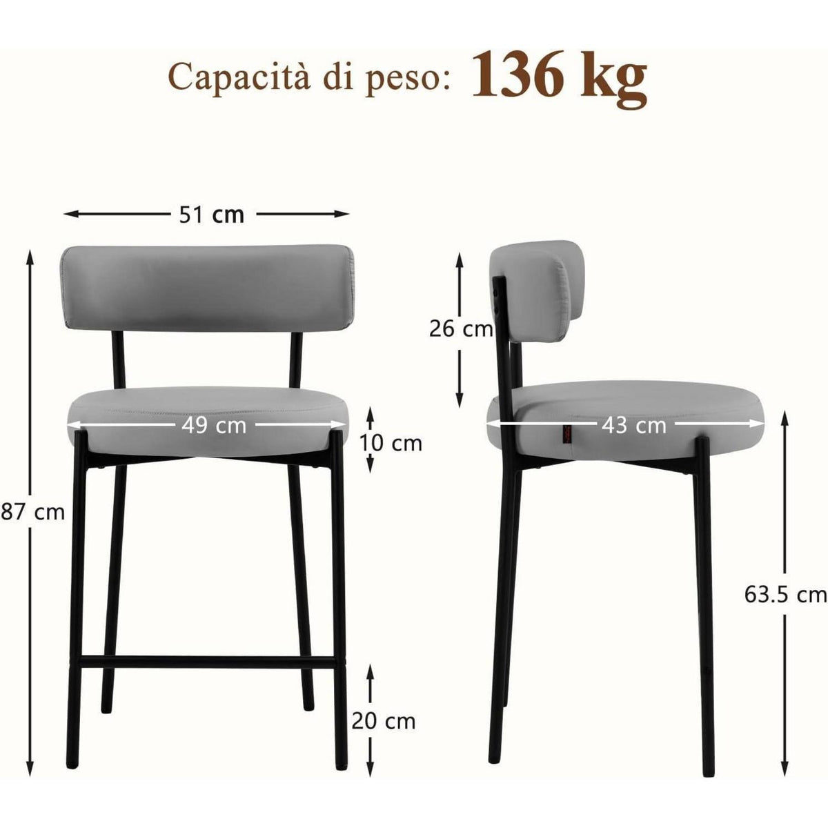 Barhocker Set 4er Grau – Gepolsterte Barstühle mit Rückenlehne