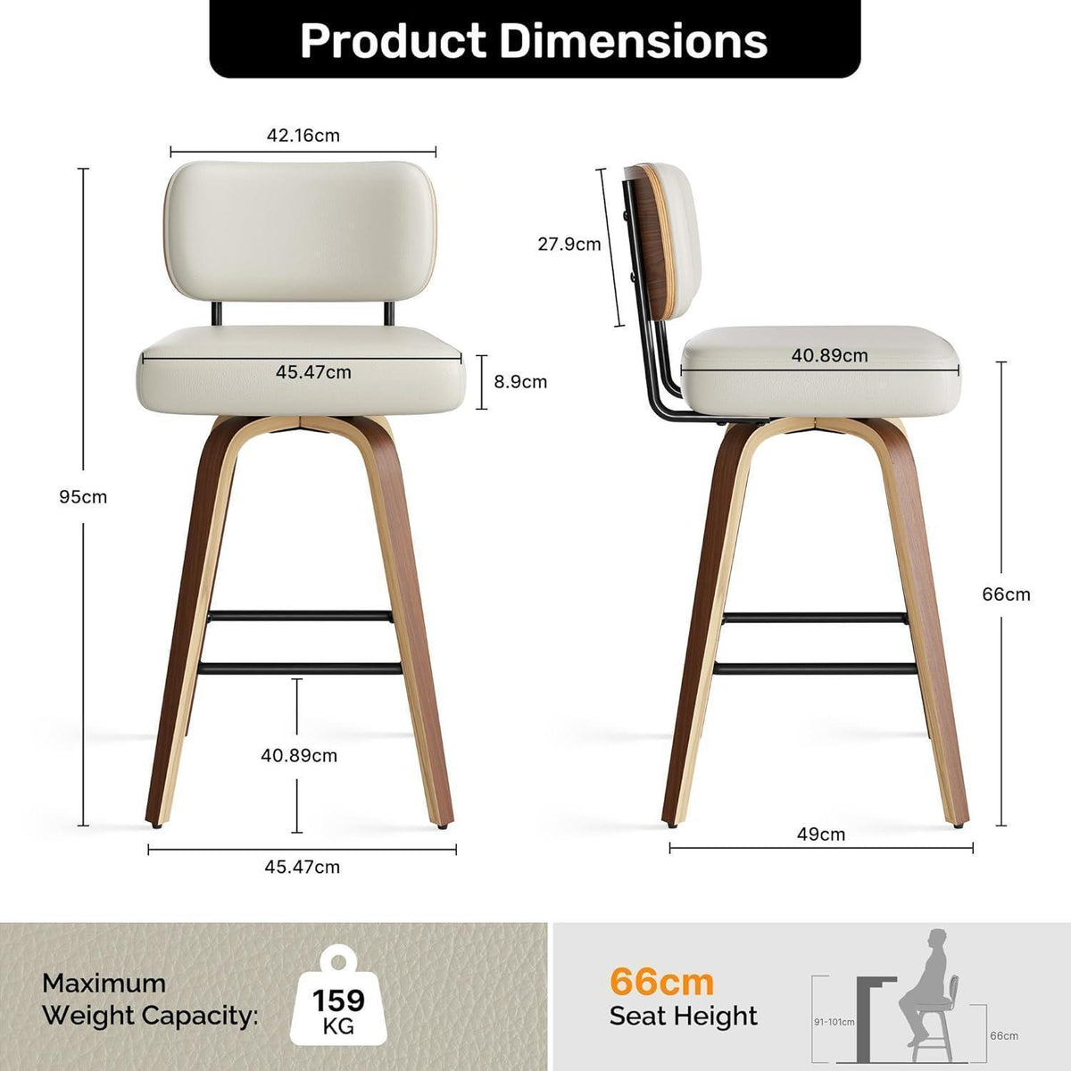 Drehbarer Barhocker 4er Set – Mid-Century Design, 65cm