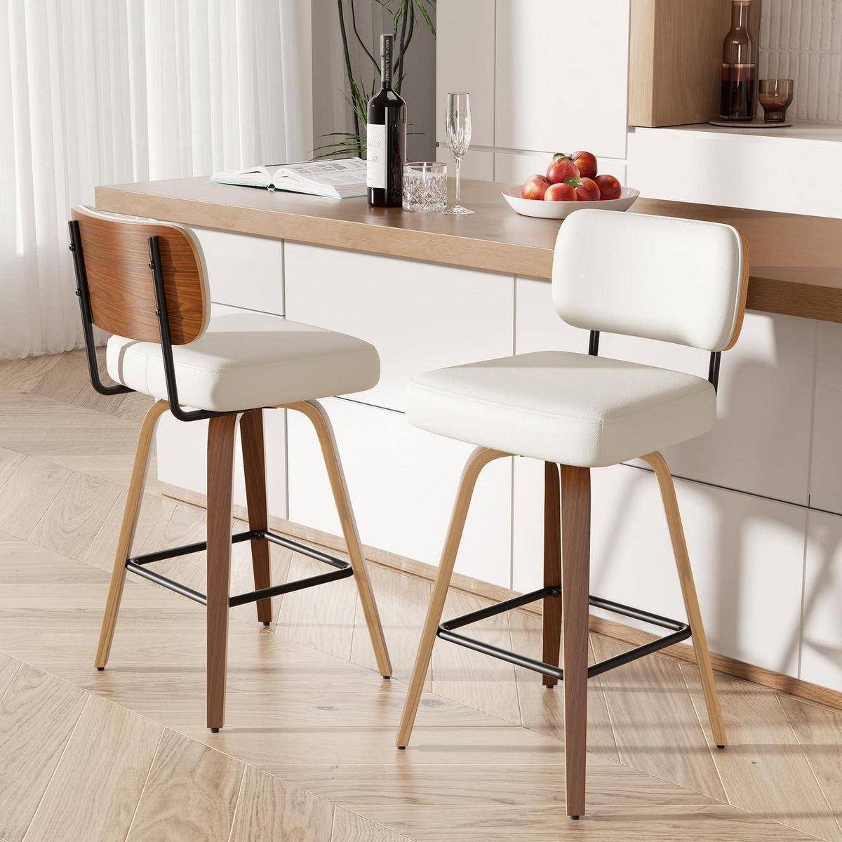 Drehbarer Barhocker 2er Set – Beige, 65cm Sitzhöhe, Mid-Century Design