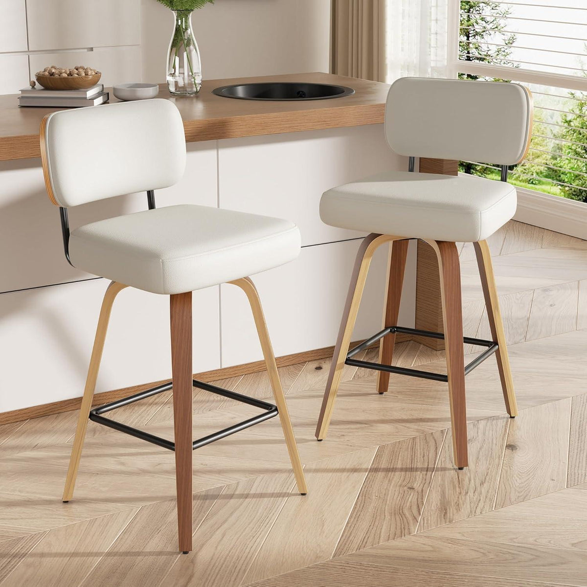Drehbarer Barhocker 2er Set – Beige, 65cm Sitzhöhe, Mid-Century Design