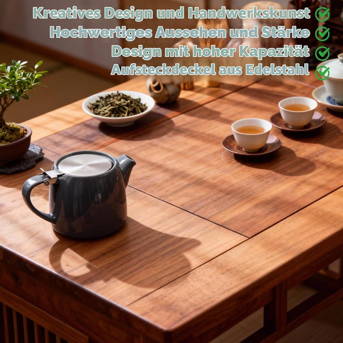 Keramik Teekanne 600ml mit Edelstahlfilter – Dunkelgrau