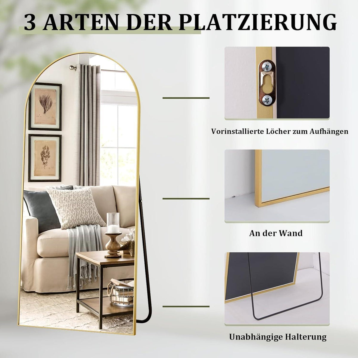 Ganzkörperspiegel Bogenförmig 165x60cm – Stand- & Wandspiegel Gold