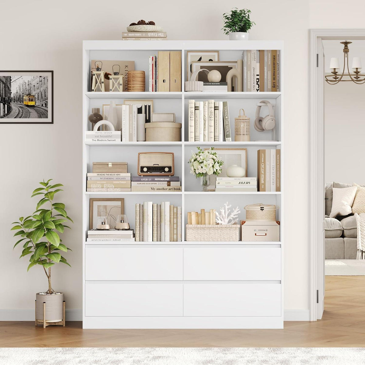 Bücherregal mit 4 Schubladen & 8 Fächern – Weißes Wohnzimmerschrank