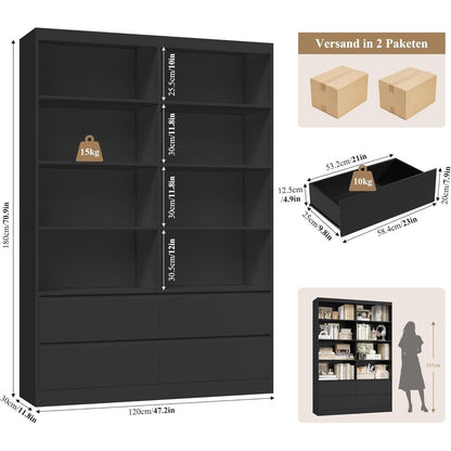 Bücherregal mit 4 Schubladen & 8 Fächern – 120x30x180cm
