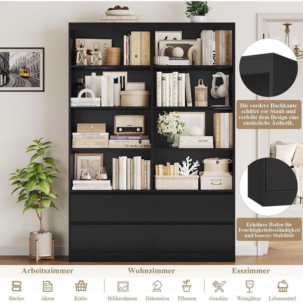 Bücherregal mit 4 Schubladen & 8 Fächern – 120x30x180cm