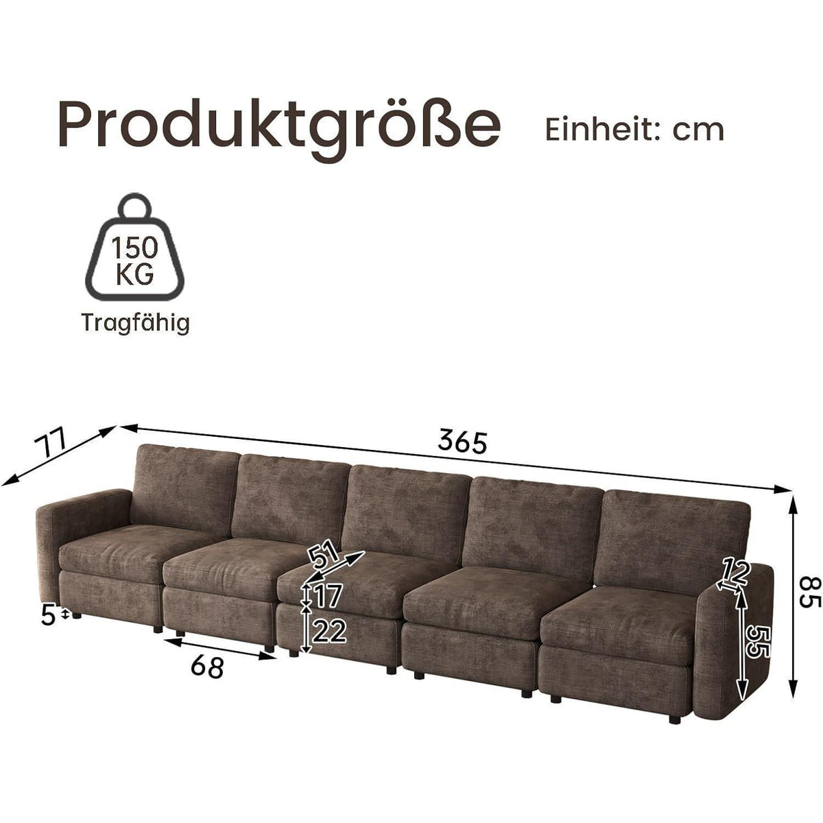 Modernes 5-Sitzer Sofa aus Velours in Braun