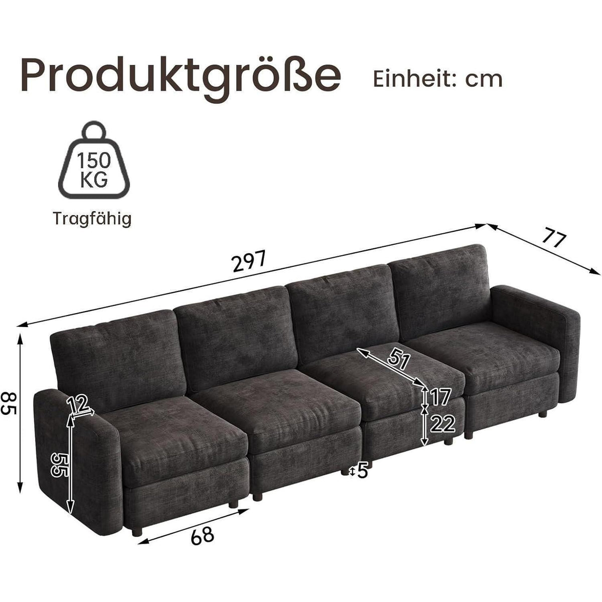 Modernes 4-Sitzer Sofa Grau – Bequeme Velours Couch