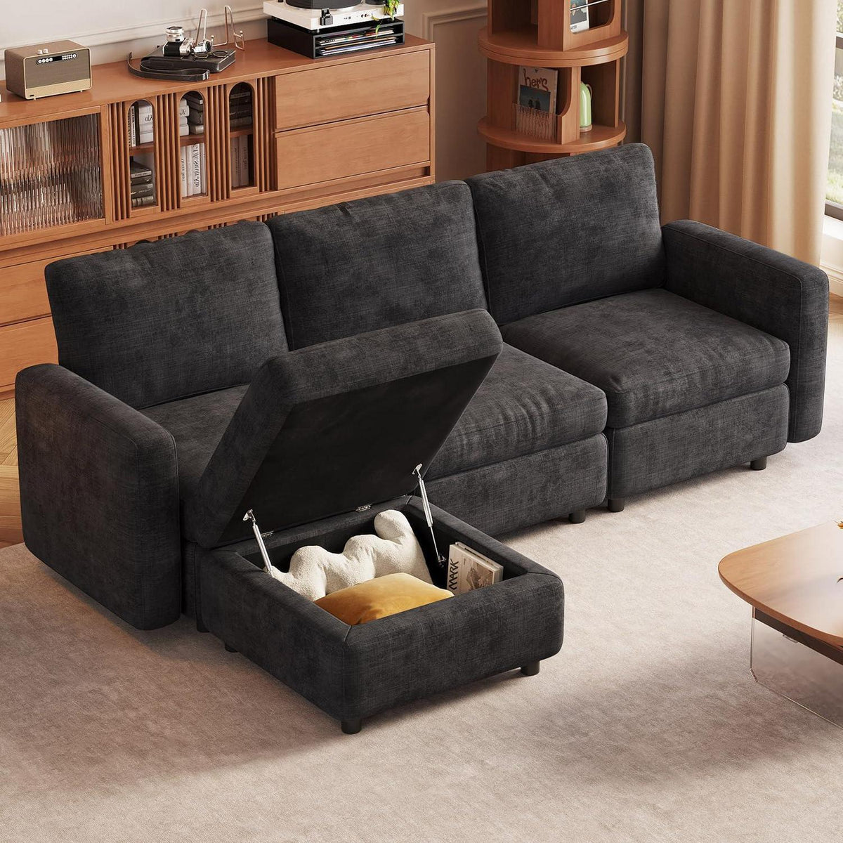 Modulares Ecksofa mit Stauraum & Hocker – Grau, 4 Sitzplätze