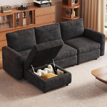 Modulares Ecksofa mit Stauraum & Hocker – Grau, 4 Sitzplätze