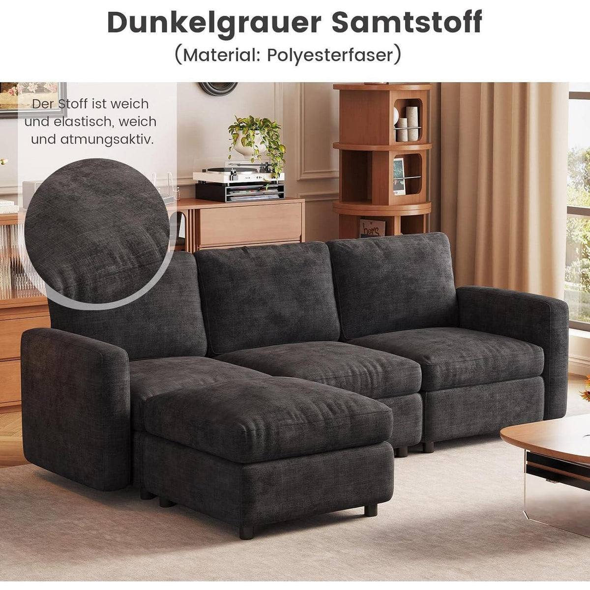 Modulares Ecksofa mit Stauraum & Hocker – Grau, 4 Sitzplätze