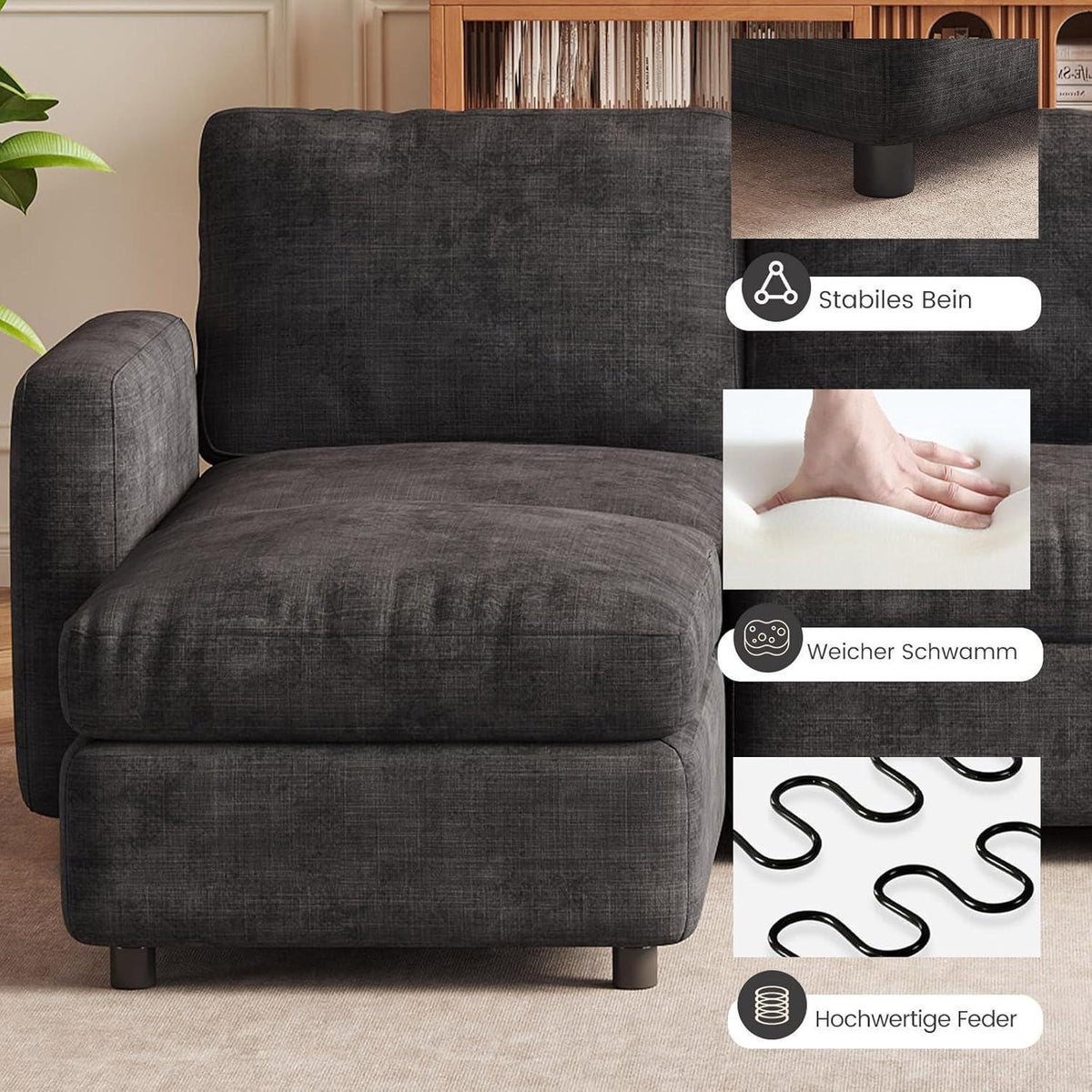 Modulares Ecksofa mit Stauraum & Hocker – Grau, 4 Sitzplätze