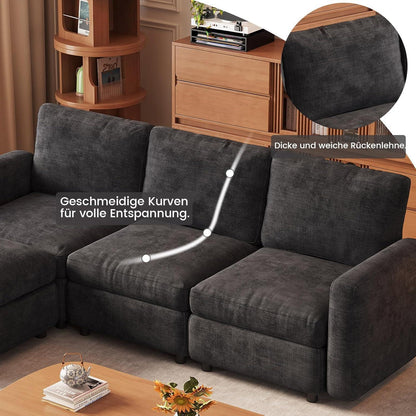 Modulares Ecksofa mit Stauraum & Hocker – Grau, 4 Sitzplätze