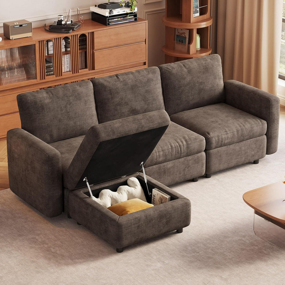 Modulares Ecksofa Braun mit Hocker & Stauraum