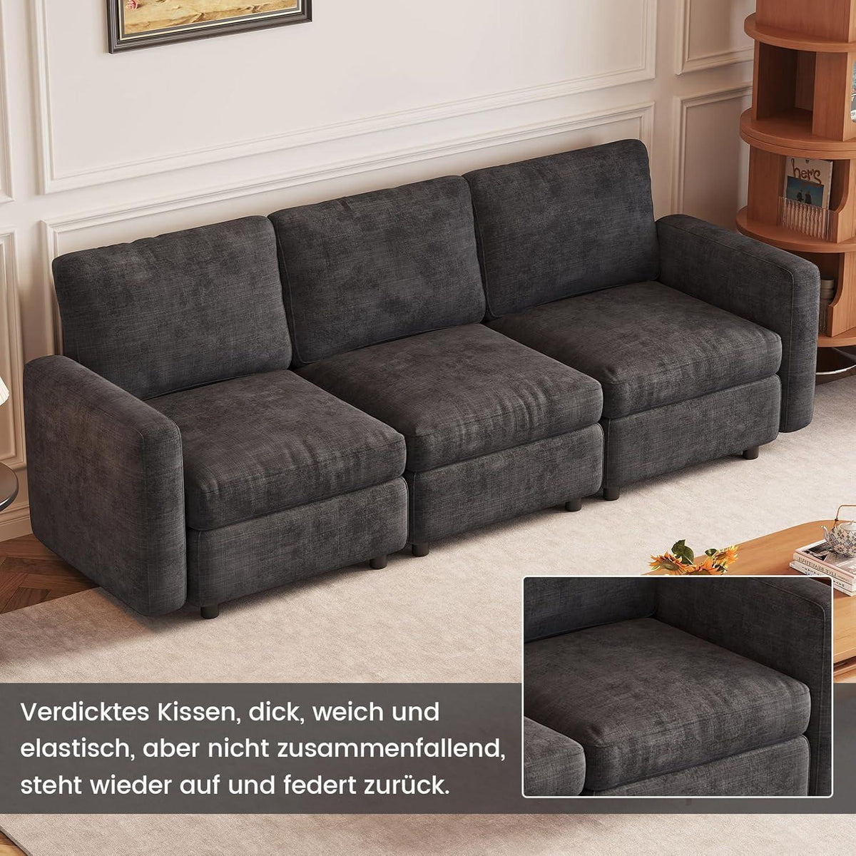 Graues 3-Sitzer Sofa aus Velours – Modernes Wohnzimmer Sofa