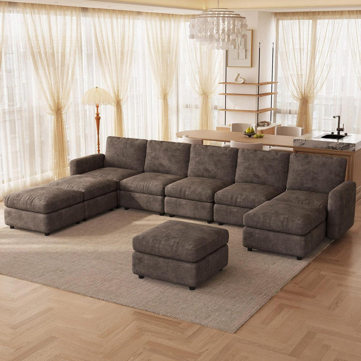 Modulares Ecksofa Braun mit Hocker & Stauraum – 9-Sitzer