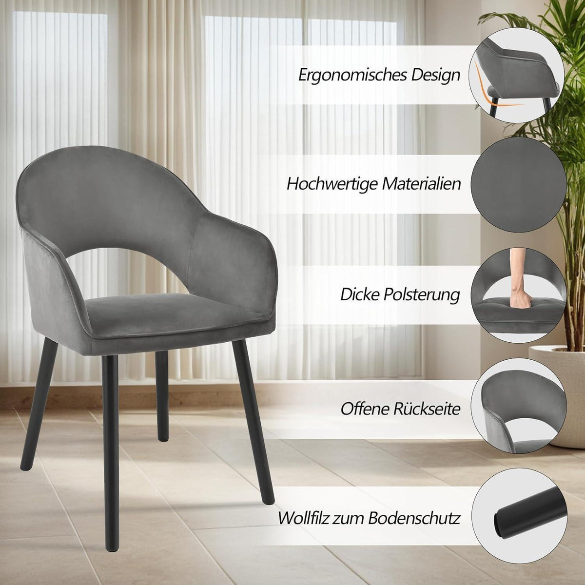 Samt Esszimmerstühle 6er Set Dunkelgrau mit Holzbeinen & Armlehnen