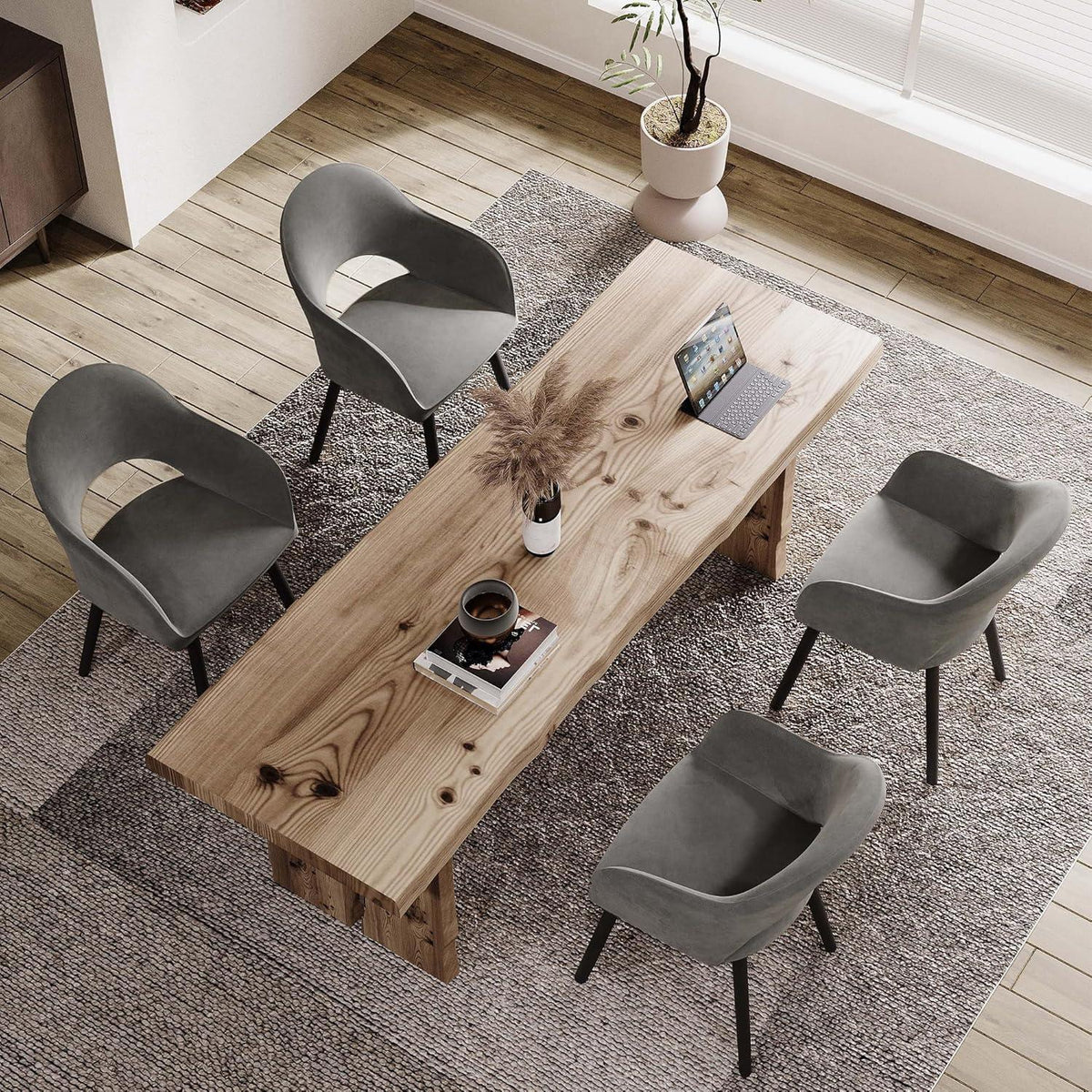 Samt Esszimmerstühle 6er Set Dunkelgrau mit Holzbeinen & Armlehnen