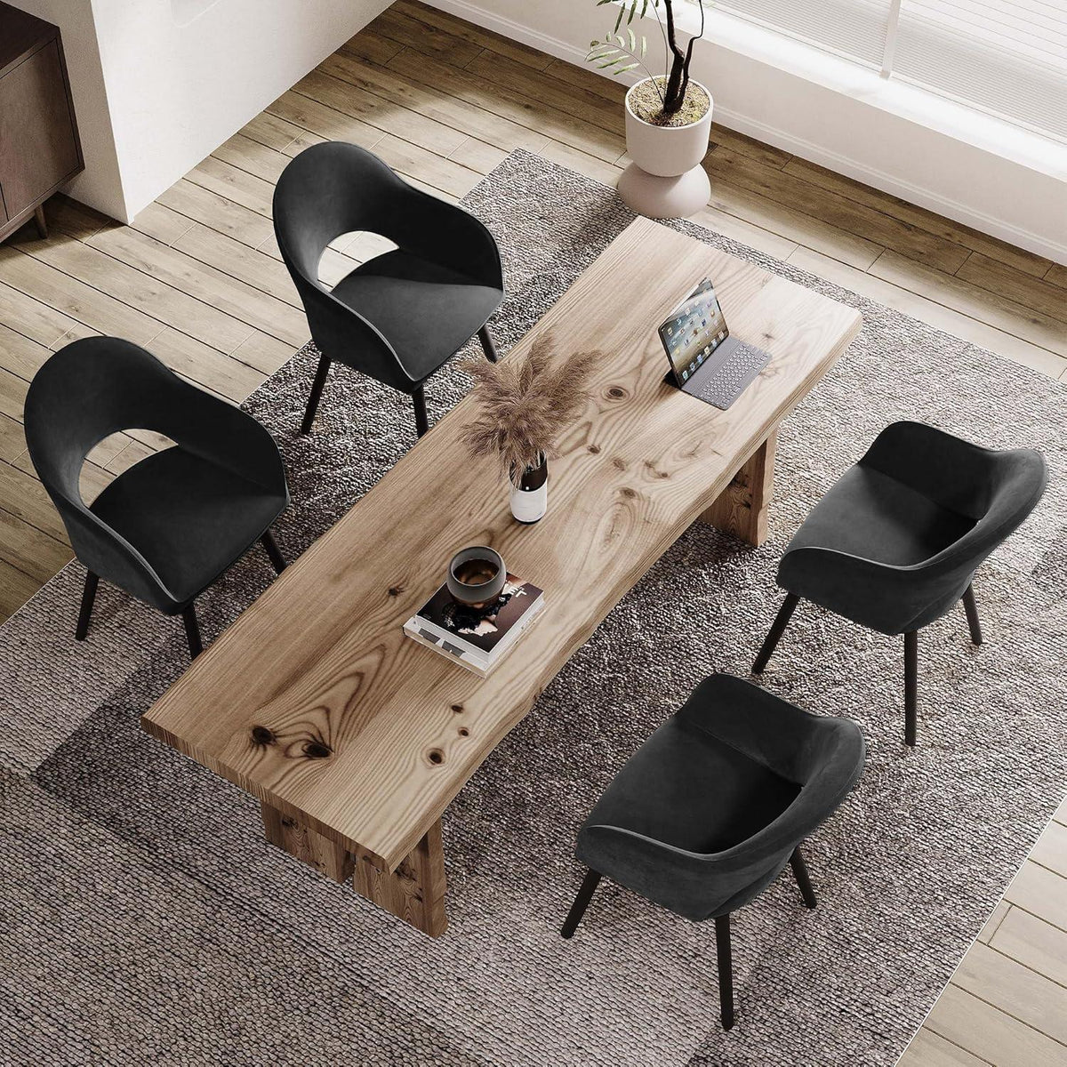 Esszimmerstühle Set 6er Schwarz Samt mit Holzbeinen & Armlehne