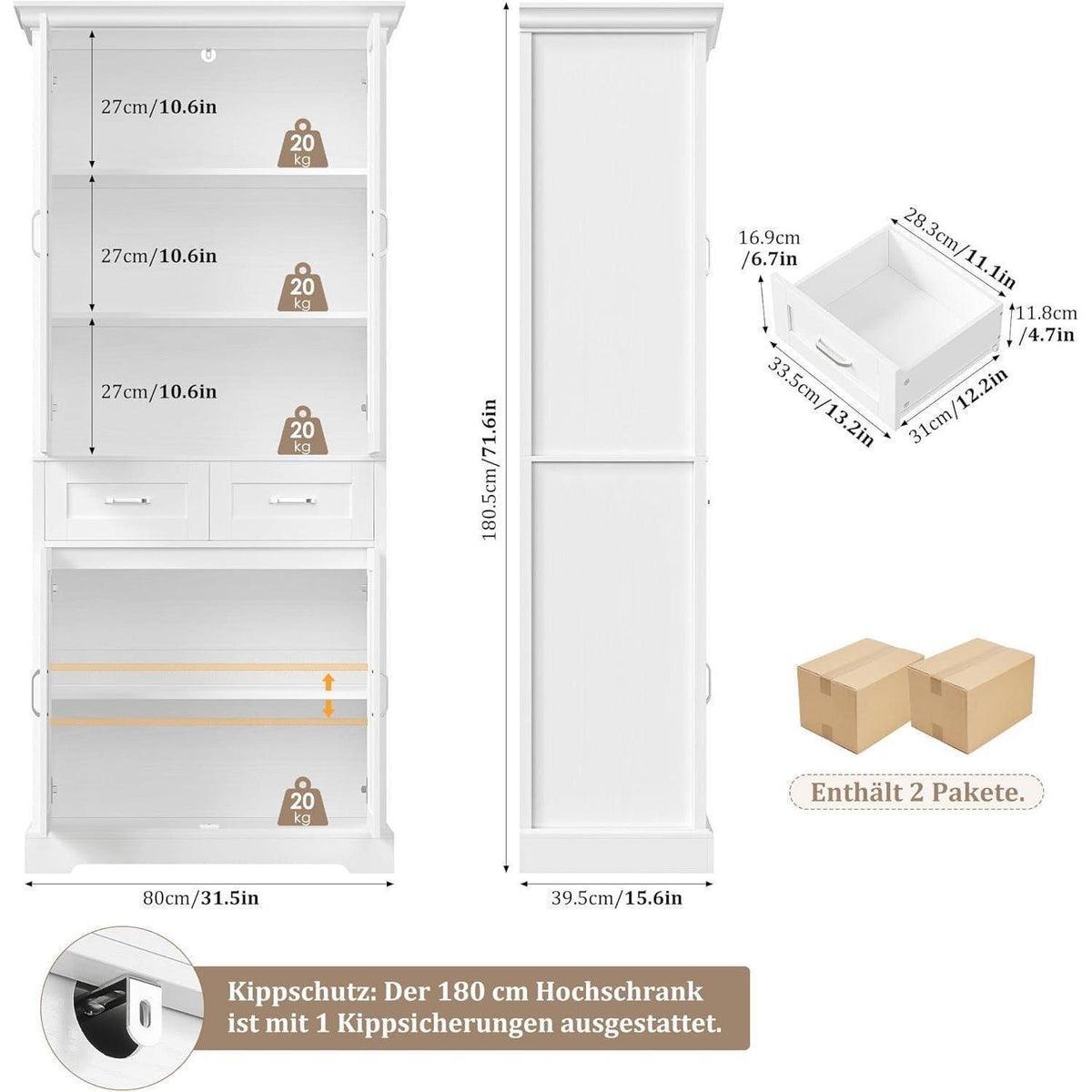 Hochschrank mit 4 Türen & Schublade – Weißes Küchenbuffet 180cm