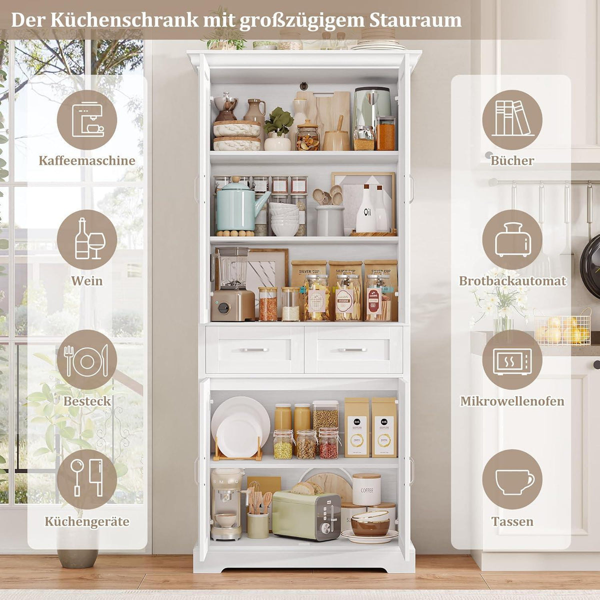 Hochschrank mit 4 Türen & Schublade – Weißes Küchenbuffet 180cm