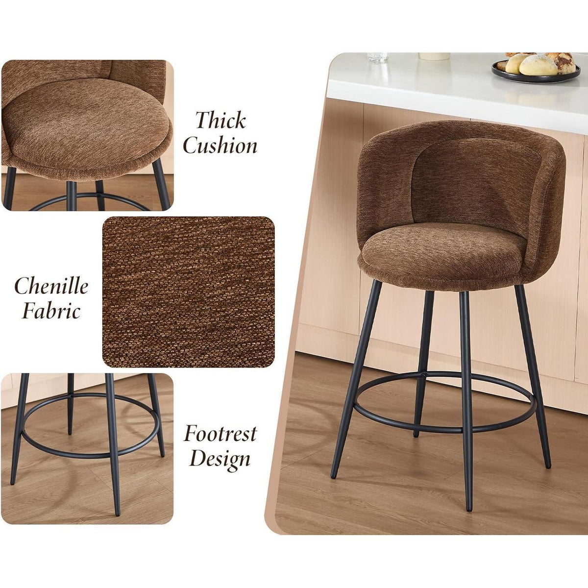 Barhocker Set 4er – Chenille, Braun, Moderne Optik
