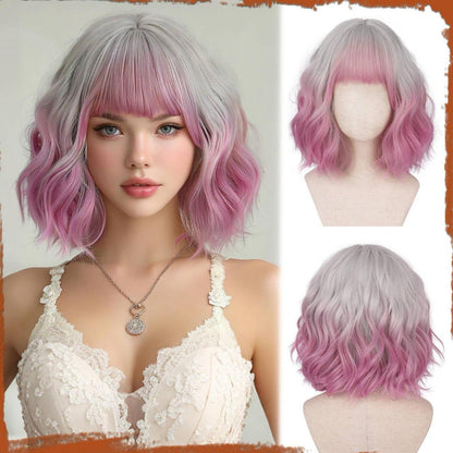Rosa-Violette Bob Perücke mit Pony – 30cm Lockige Damenperücke