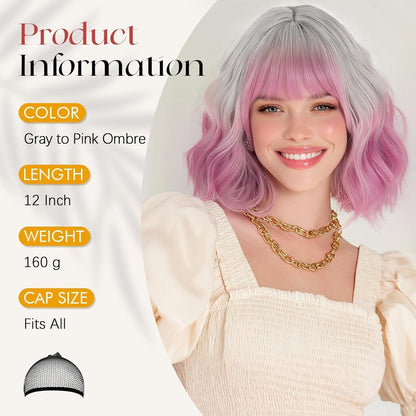 Rosa-Violette Bob Perücke mit Pony – 30cm Lockige Damenperücke