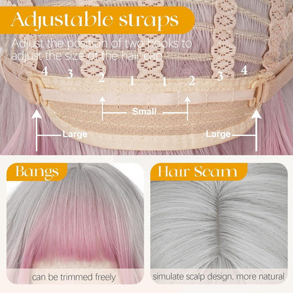 Rosa-Violette Bob Perücke mit Pony – 30cm Lockige Damenperücke