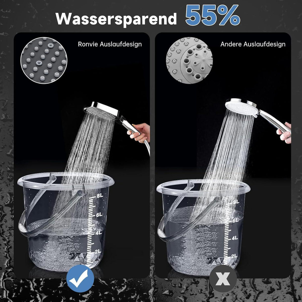 Großer Rechteck-Duschkopf mit 3 Strahlarten & Wassersparfunktion