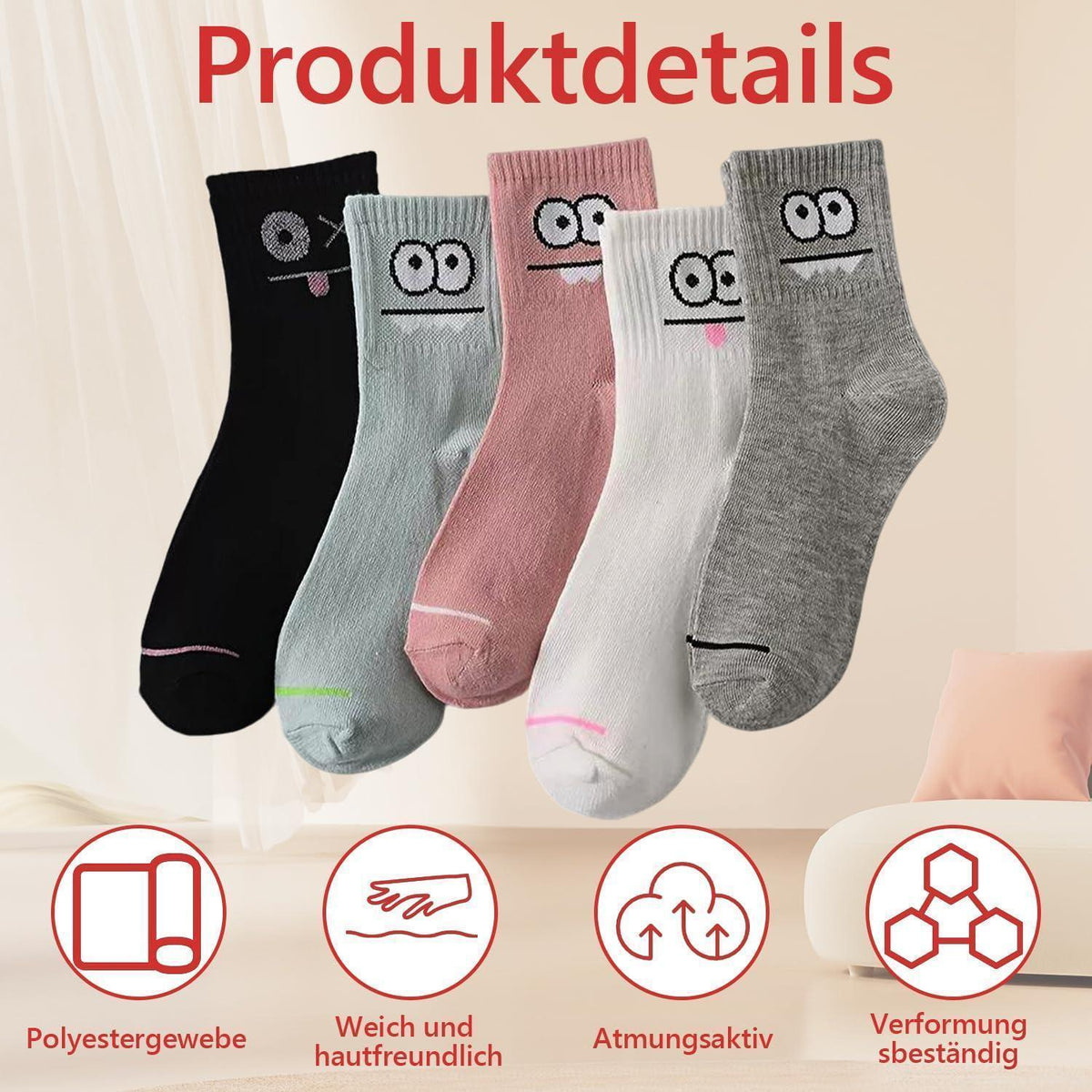 5 Paar Damen Socken bunt & süß, Größe 39-42, lustig & kuschelig