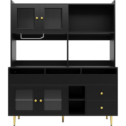 Küchenschrank mit Glastür & Weinregal, Schwarz, 171cm Highboard