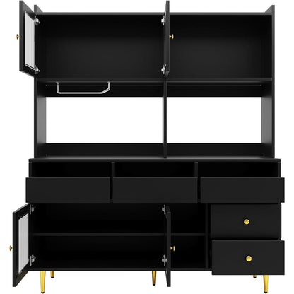 Küchenschrank mit Glastür & Weinregal, Schwarz, 171cm Highboard