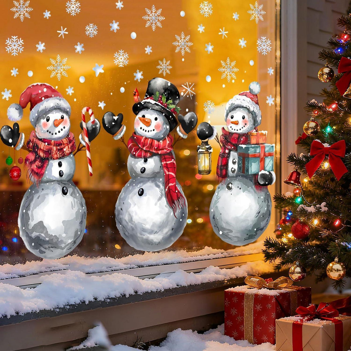 6x Fensteraufkleber Weihnachten – Schneemann & Schneeflocken Deko