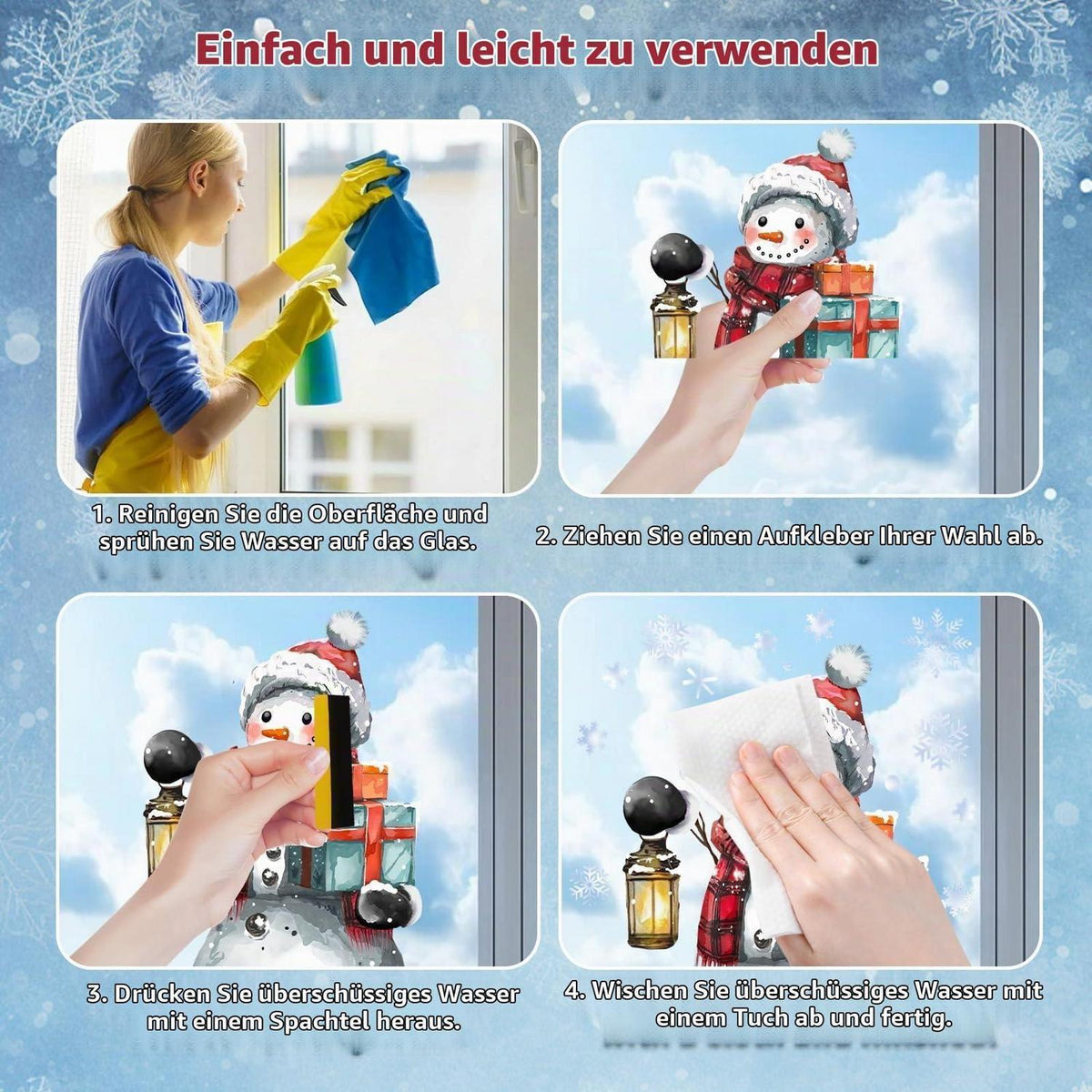 6x Fensteraufkleber Weihnachten – Schneemann & Schneeflocken Deko