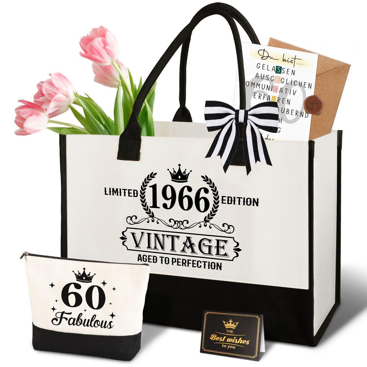 Einkaufstasche 60. Geburtstag Frau – Vintage 1966 Set mit Kosmetiktasche & Karte